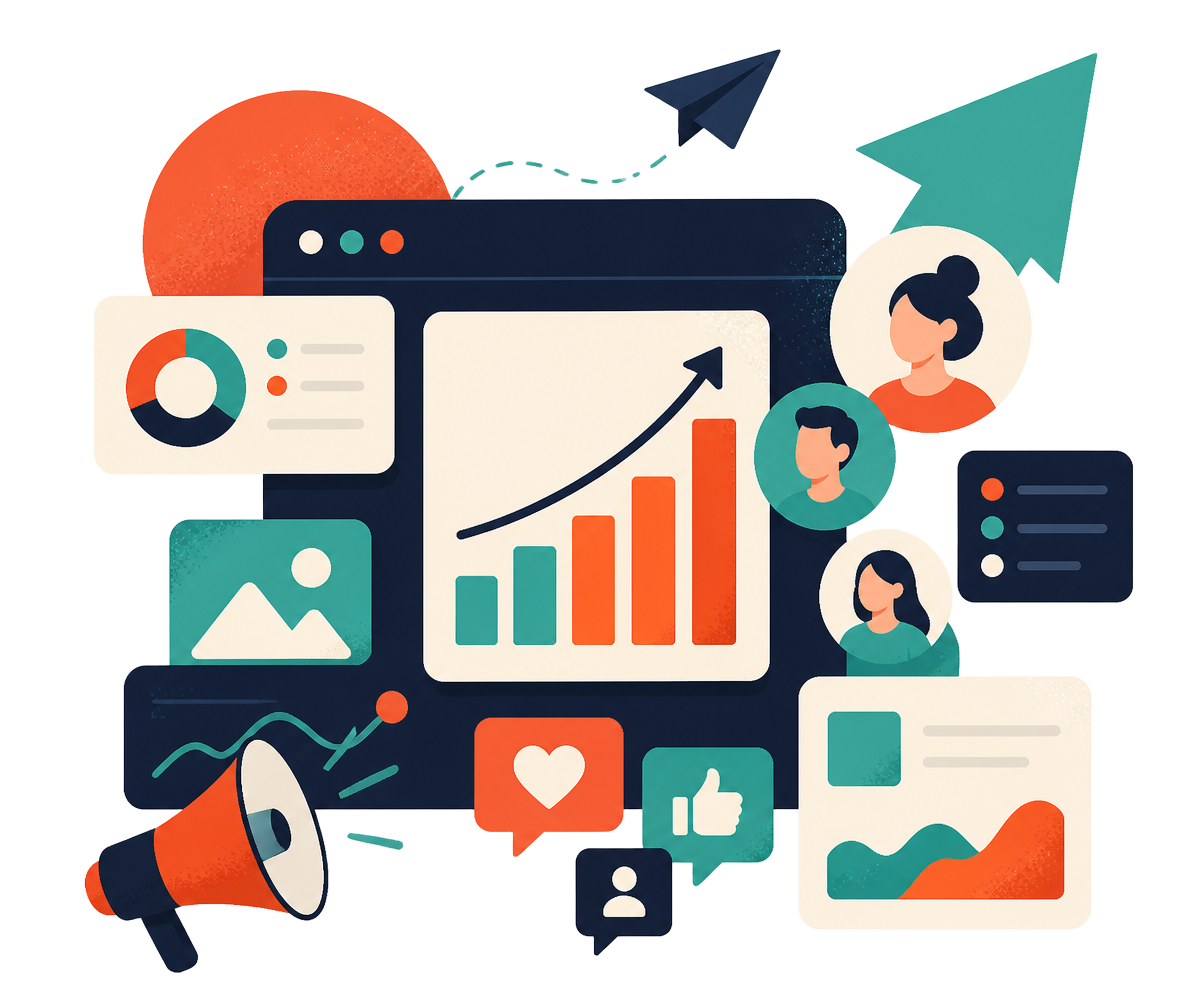 Illustration of a marketing analytics dashboard with rising performance charts and audience engagement